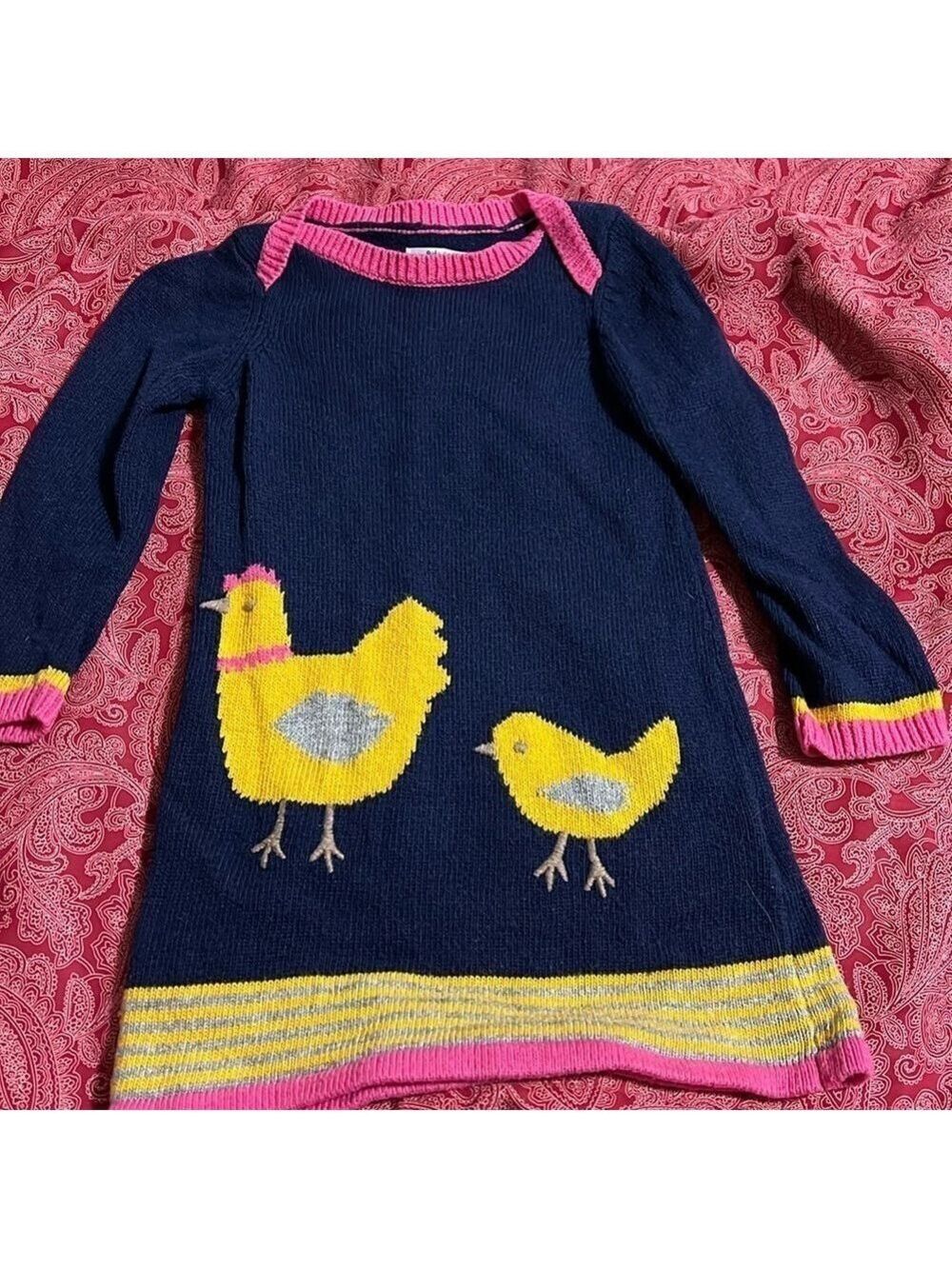 BABY BODEN cotton / cashmere navy dress with chicken motif. 18-24m